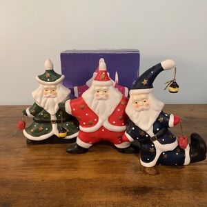 Vintage 3 pc Ceramic Santa Claus Christmas Candle Holders red blue green dangle